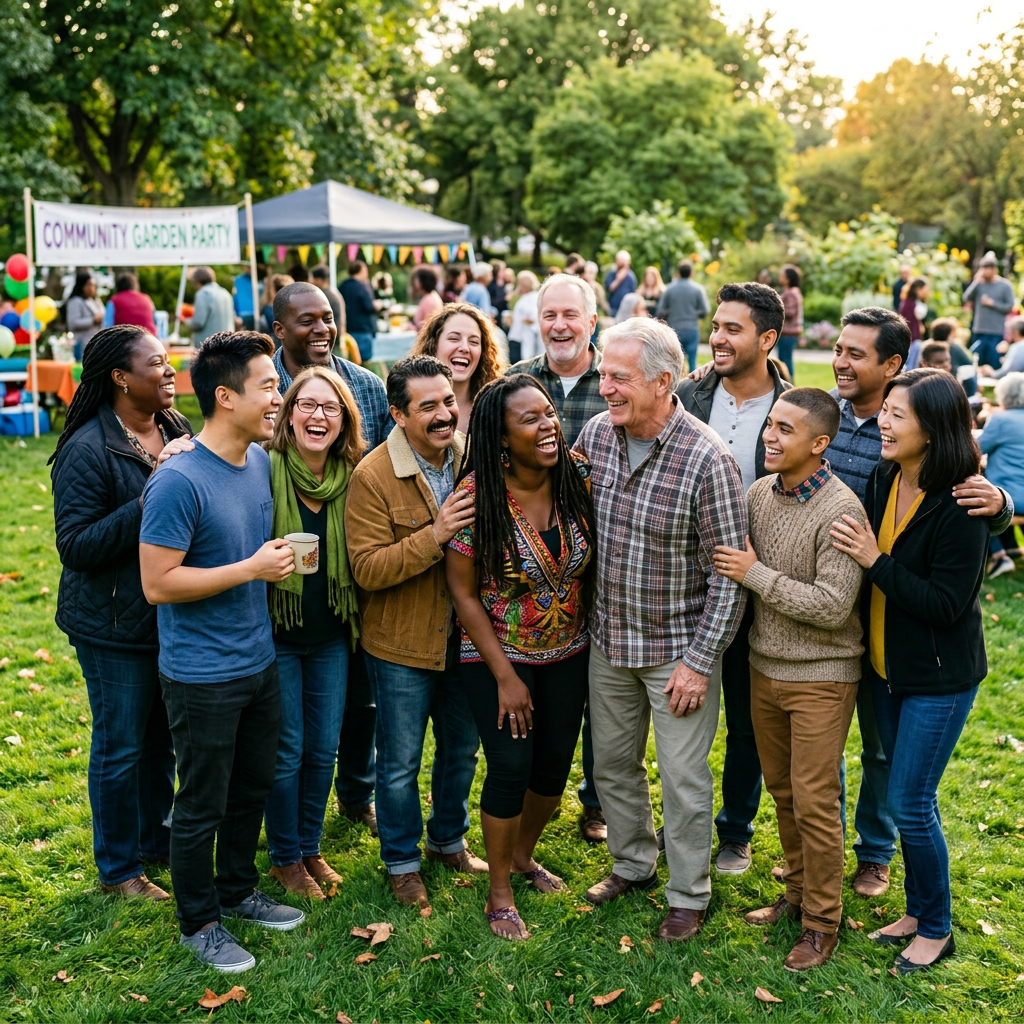 Smiling diverse adults standing closely in a circle outdoors at a community garden party